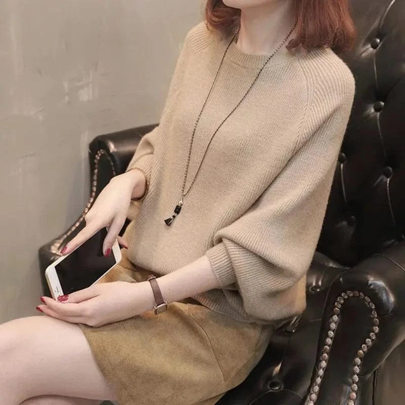 2024 Autumn high-quality best-selling Bat-sleeved round neck loose solid color fashion women's knit sweater