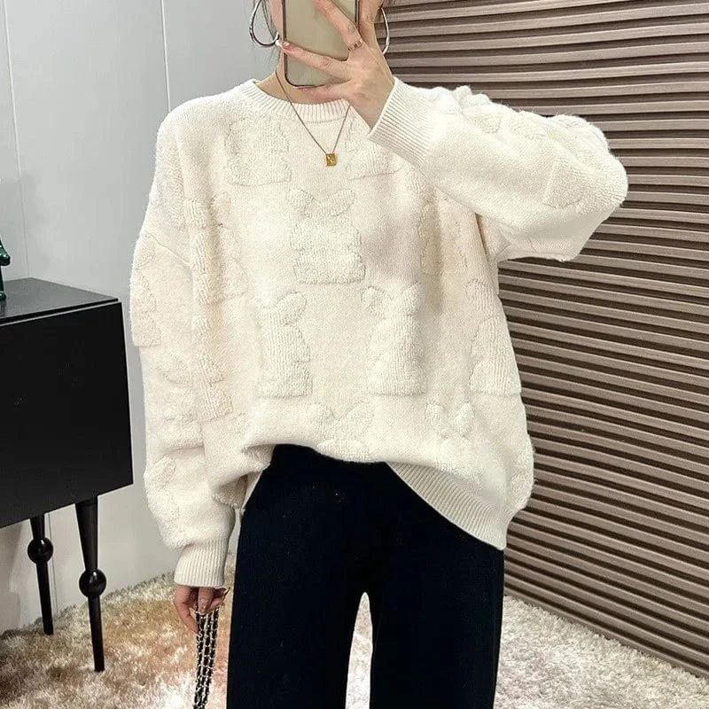 2024 autumn high-quality best-selling crew-neck long-sleeved loose solid color rabbit jacquard knitted pullover sweater