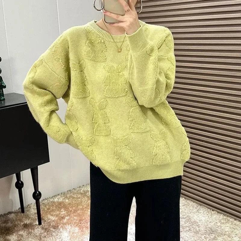 2024 autumn high-quality best-selling crew-neck long-sleeved loose solid color rabbit jacquard knitted pullover sweater