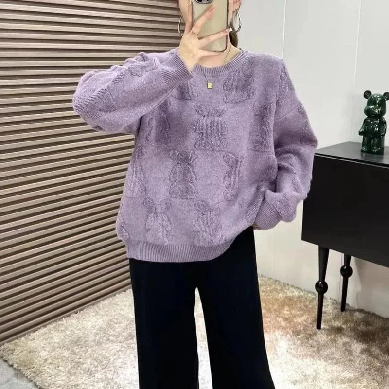 2024 autumn high-quality best-selling crew-neck long-sleeved loose solid color rabbit jacquard knitted pullover sweater