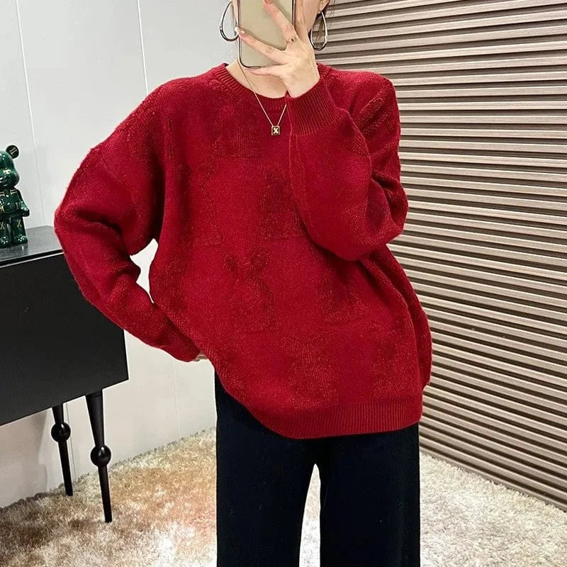 2024 autumn high-quality best-selling crew-neck long-sleeved loose solid color rabbit jacquard knitted pullover sweater