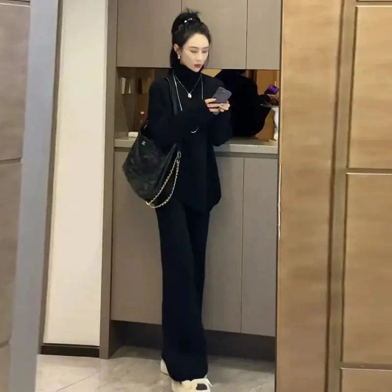 2024 autumn high-quality best-selling crewneck long sleeve loose solid color knit sweater two-piece pants set