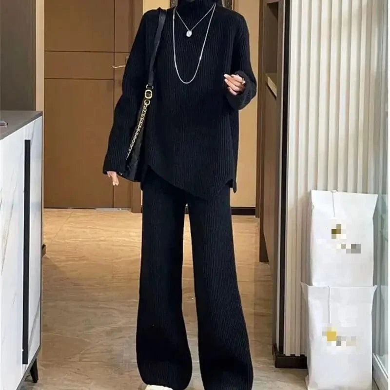 2024 autumn high-quality best-selling crewneck long sleeve loose solid color knit sweater two-piece pants set