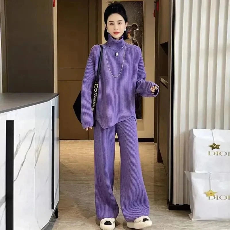 2024 autumn high-quality best-selling crewneck long sleeve loose solid color knit sweater two-piece pants set