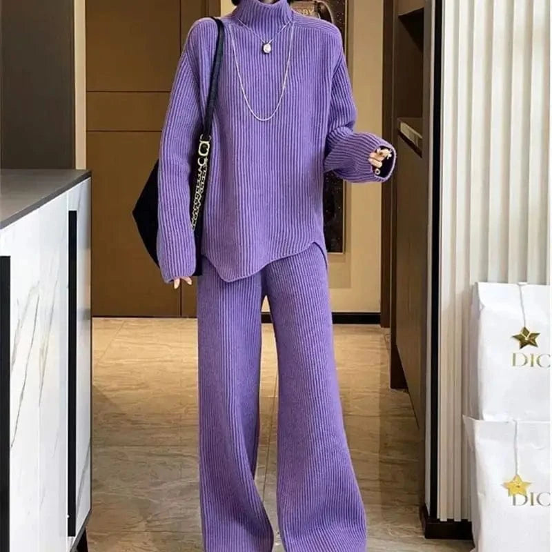 2024 autumn high-quality best-selling crewneck long sleeve loose solid color knit sweater two-piece pants set