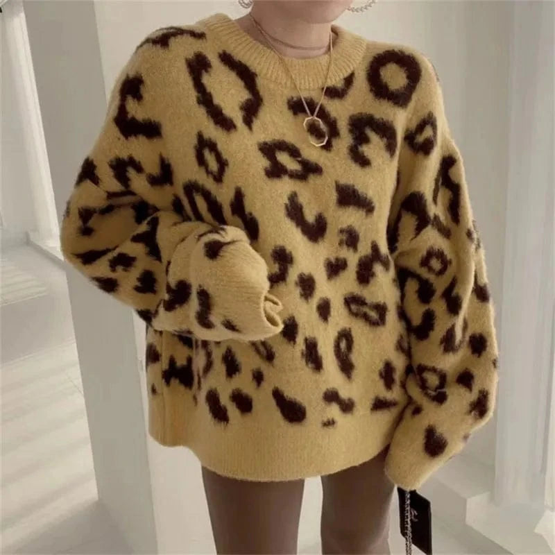 2024 Autumn high-quality best-selling fashion women's crew-neck striped long-sleeve leopard jacquard knit sweater