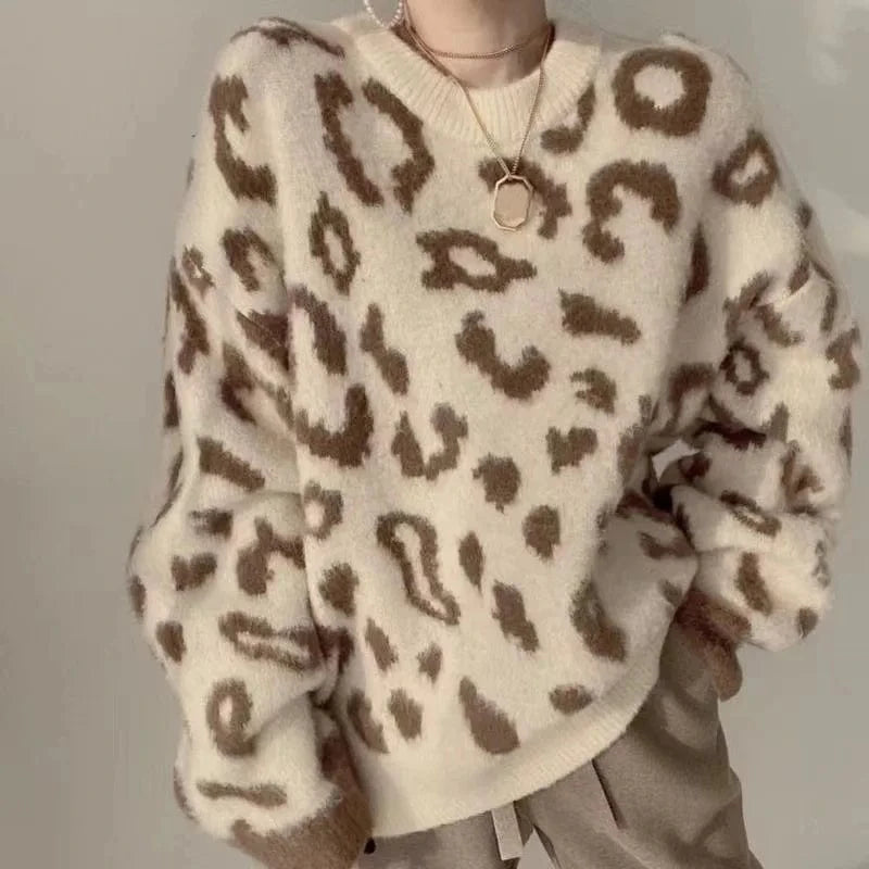 2024 Autumn high-quality best-selling fashion women's crew-neck striped long-sleeve leopard jacquard knit sweater