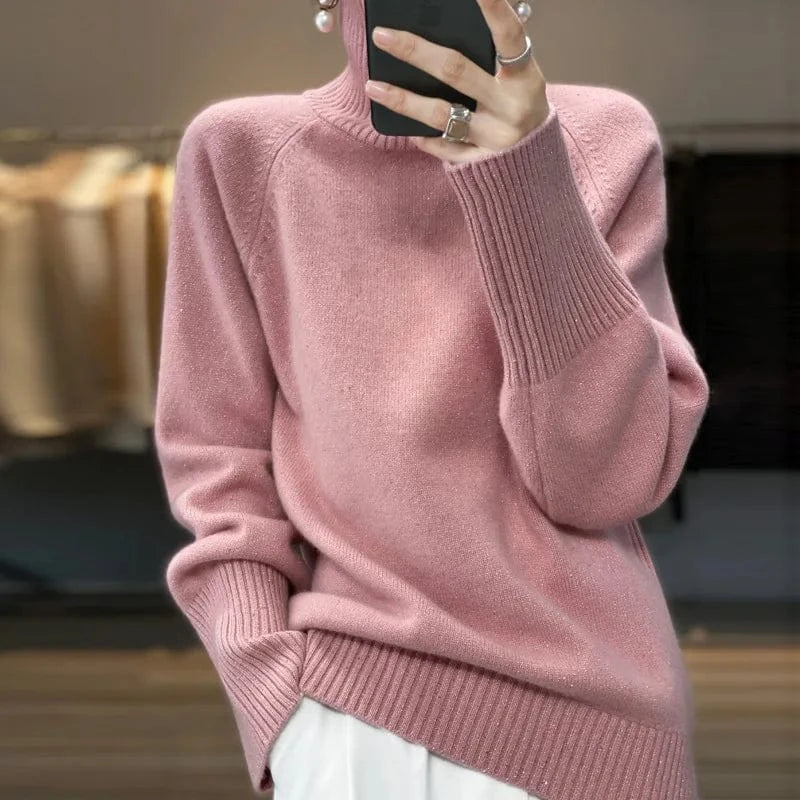 2024 autumn high-quality fashion women's best-selling solid color long-sleeved turtleneck loose pullover sweater
