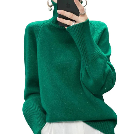 2024 autumn high-quality fashion women's best-selling solid color long-sleeved turtleneck loose pullover sweater