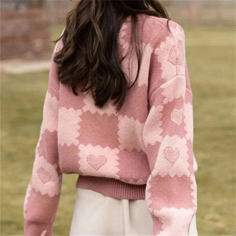 2024 autumn new arrival crew-neck fashion women's high-quality simple plaid jacquard long-sleeved solid color pullover sweater