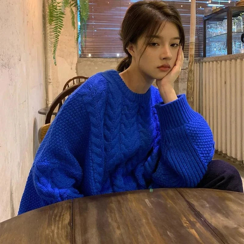 2024 Autumn new arrival fashion girls crew neck batwing sleeve plus size loose fit cable knit women sweaters