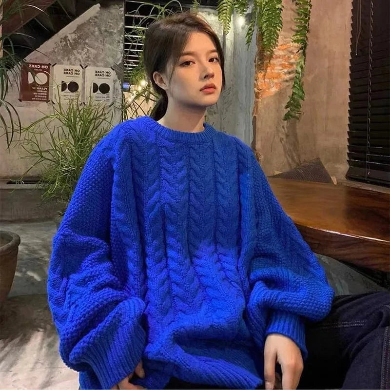 2024 Autumn new arrival fashion girls crew neck batwing sleeve plus size loose fit cable knit women sweaters