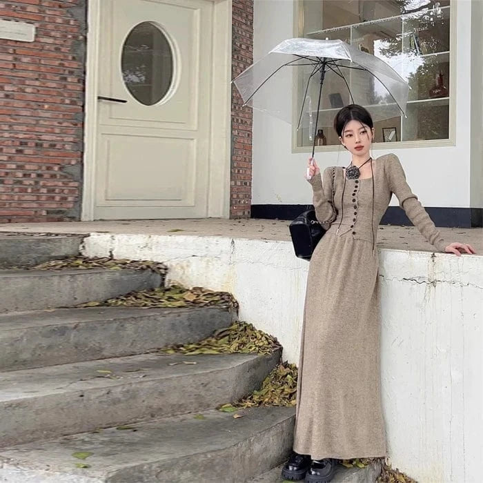 2024 Autumn new arrival fashion lady square collar long sleeve body fit button decorative short sweater and long skirt twin set