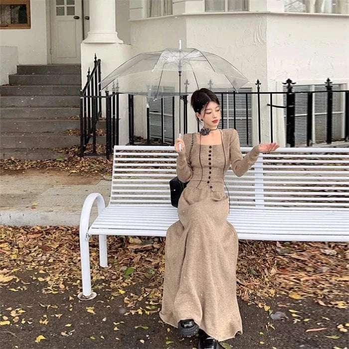 2024 Autumn new arrival fashion lady square collar long sleeve body fit button decorative short sweater and long skirt twin set
