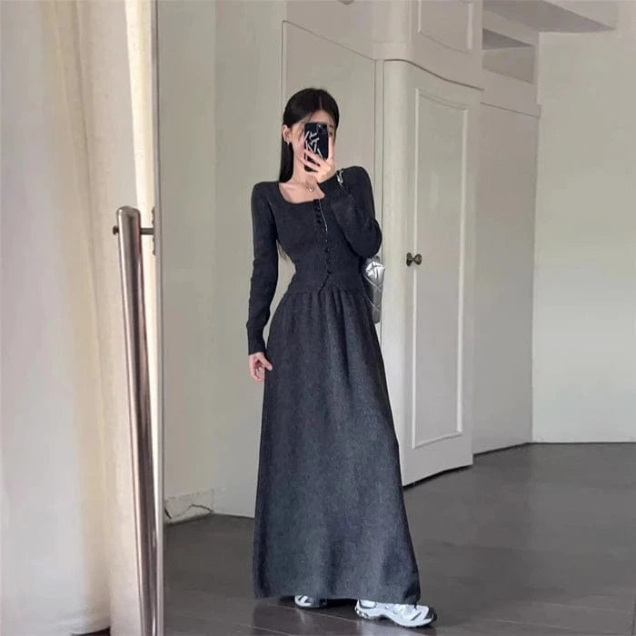 2024 Autumn new arrival fashion lady square collar long sleeve body fit button decorative short sweater and long skirt twin set