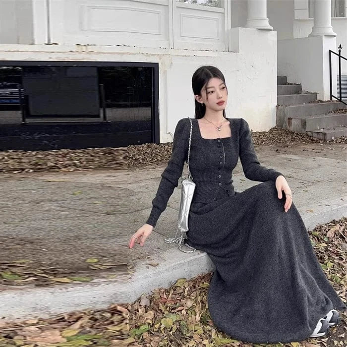 2024 Autumn new arrival fashion lady square collar long sleeve body fit button decorative short sweater and long skirt twin set