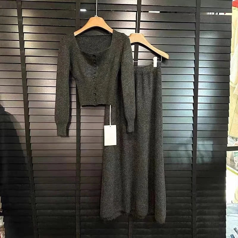 2024 Autumn new arrival fashion lady square collar long sleeve body fit button decorative short sweater and long skirt twin set