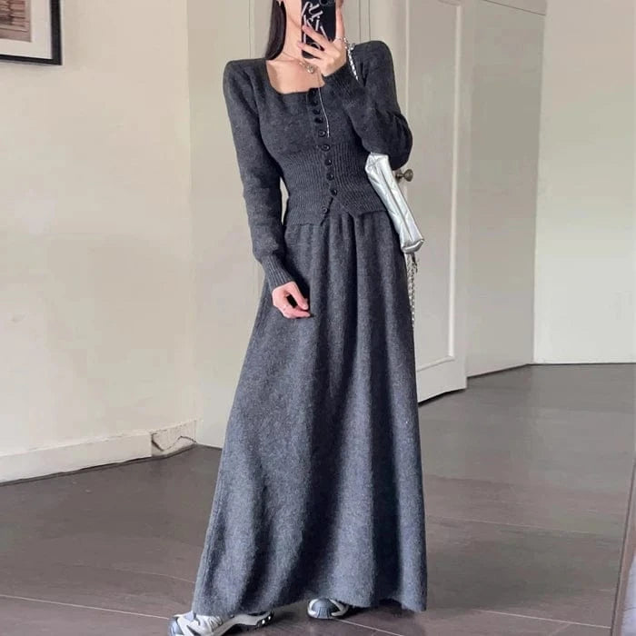 2024 Autumn new arrival fashion lady square collar long sleeve body fit button decorative short sweater and long skirt twin set