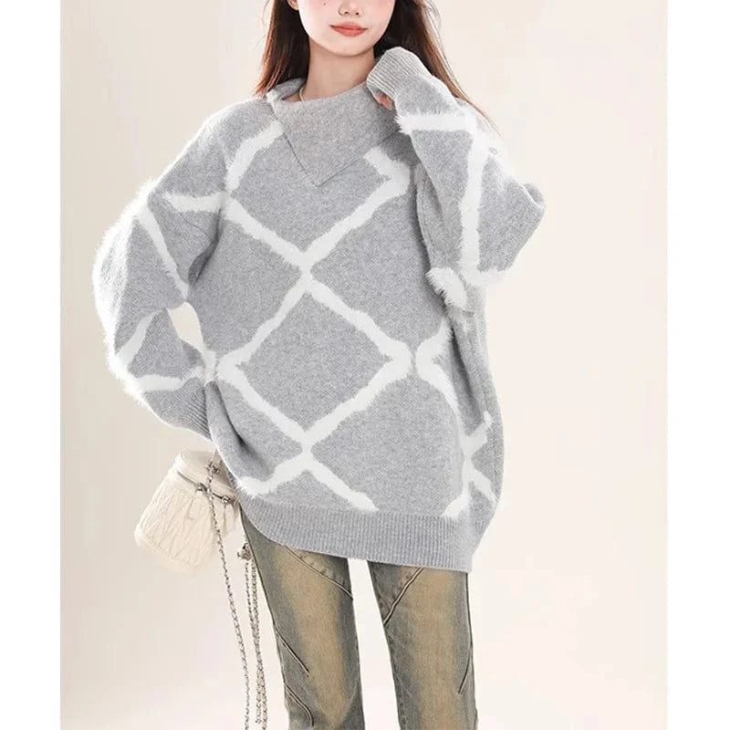 2024 autumn new arrival loose collar long sleeve plus size grid pullover sweater