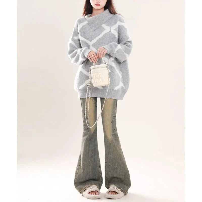 2024 autumn new arrival loose collar long sleeve plus size grid pullover sweater