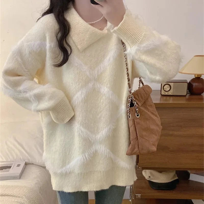2024 autumn new arrival loose collar long sleeve plus size grid pullover sweater