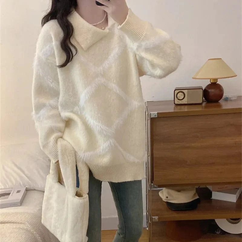 2024 autumn new arrival loose collar long sleeve plus size grid pullover sweater