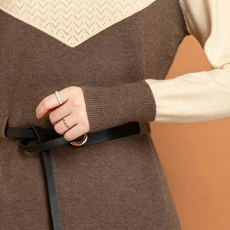 2024 Autumn new arrival women solid color crew neck belted waist knitted dress