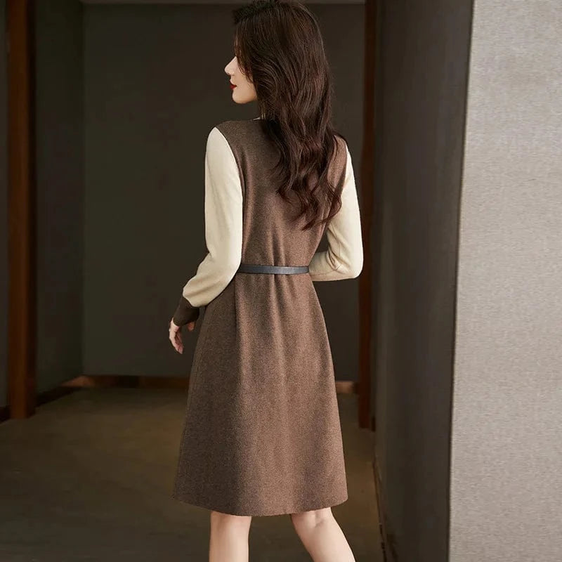 2024 Autumn new arrival women solid color crew neck belted waist knitted dress
