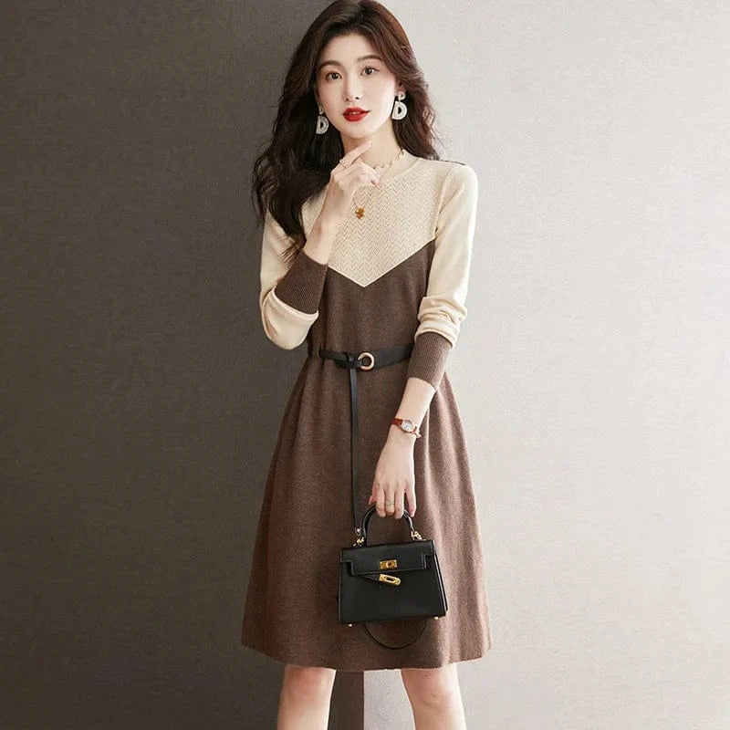 2024 Autumn new arrival women solid color crew neck belted waist knitted dress