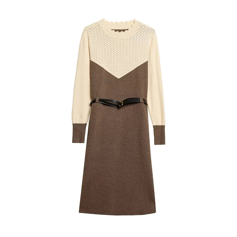 2024 Autumn new arrival women solid color crew neck belted waist knitted dress