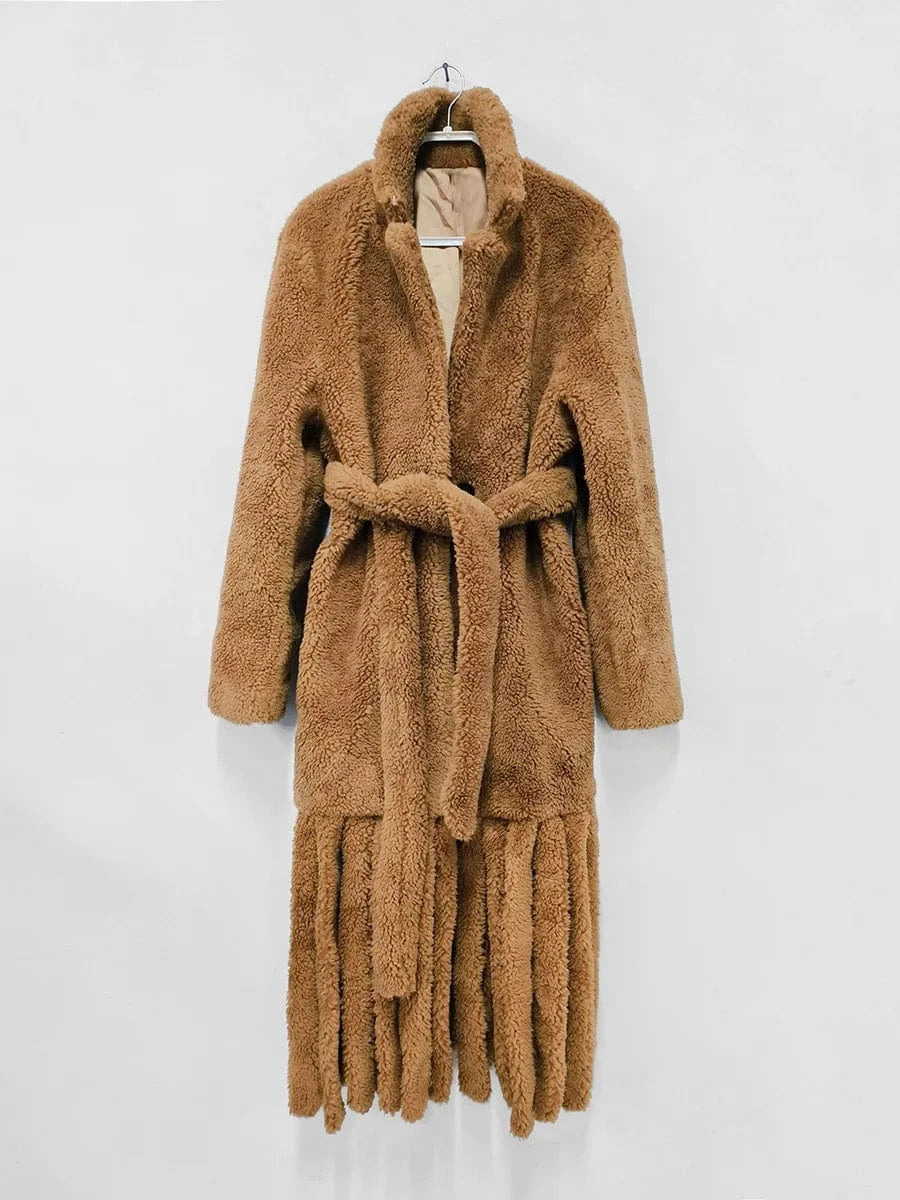 2024 autumn new niche design sense of wool-like long coat for women suit collar plush splicing wool strip women's long coat