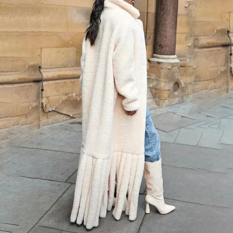2024 autumn new niche design sense of wool-like long coat for women suit collar plush splicing wool strip women's long coat