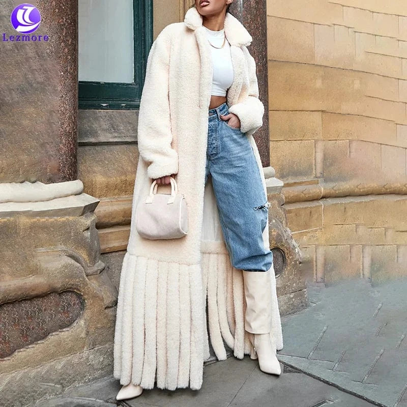 2024 autumn new niche design sense of wool-like long coat for women suit collar plush splicing wool strip women's long coat