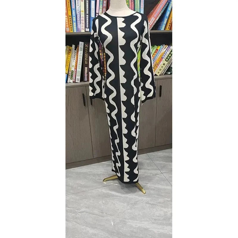 2024 Autumn Party Flared dress Women Knit Long Sleeve Skinny Sexy Hollow Out Wave old clothes Jacquard Knit Maxi Dress Women's