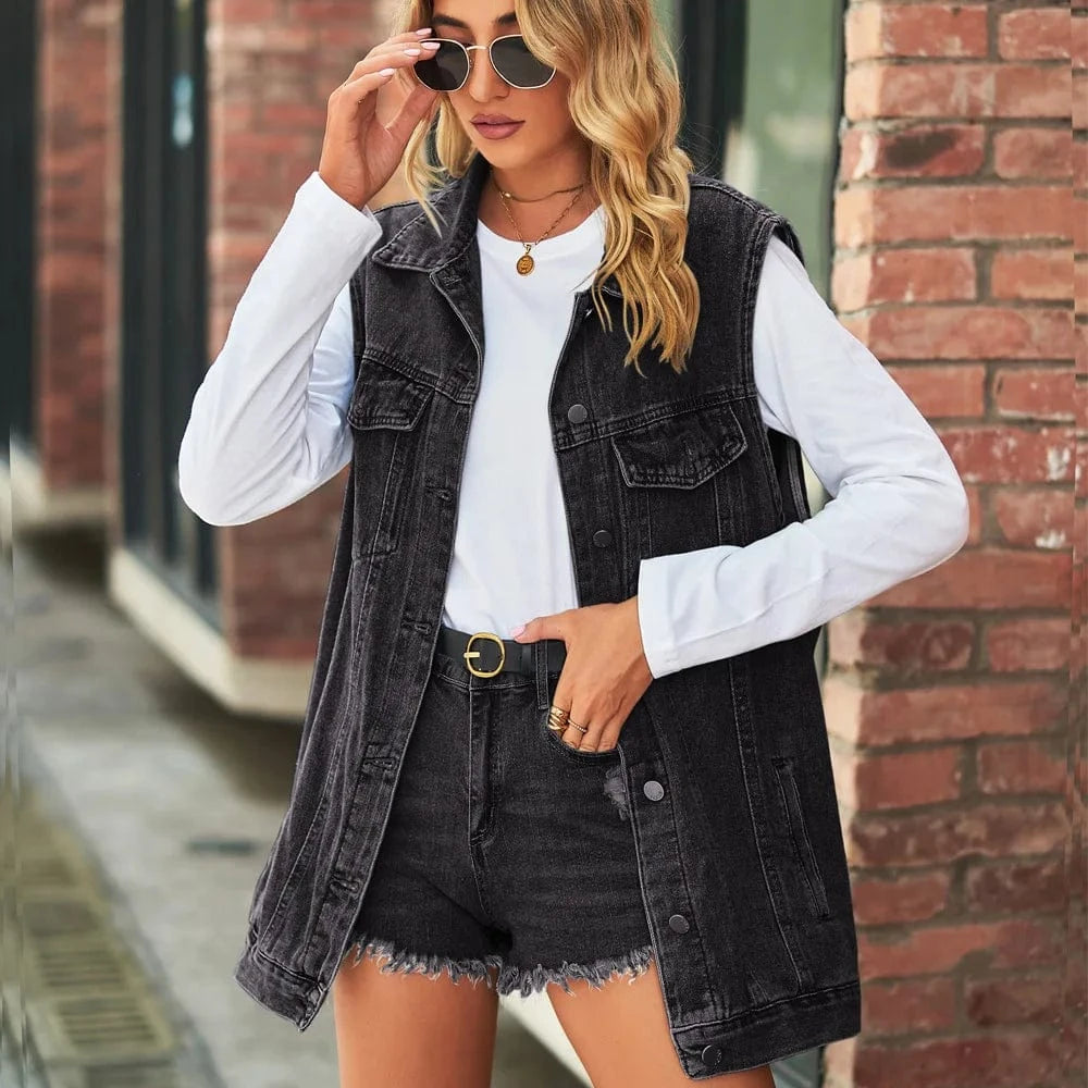 2024 Autumn Sleeveless Women'S Vest Solid Color Retro Denim Vest Jacket Loose Coat Gilet