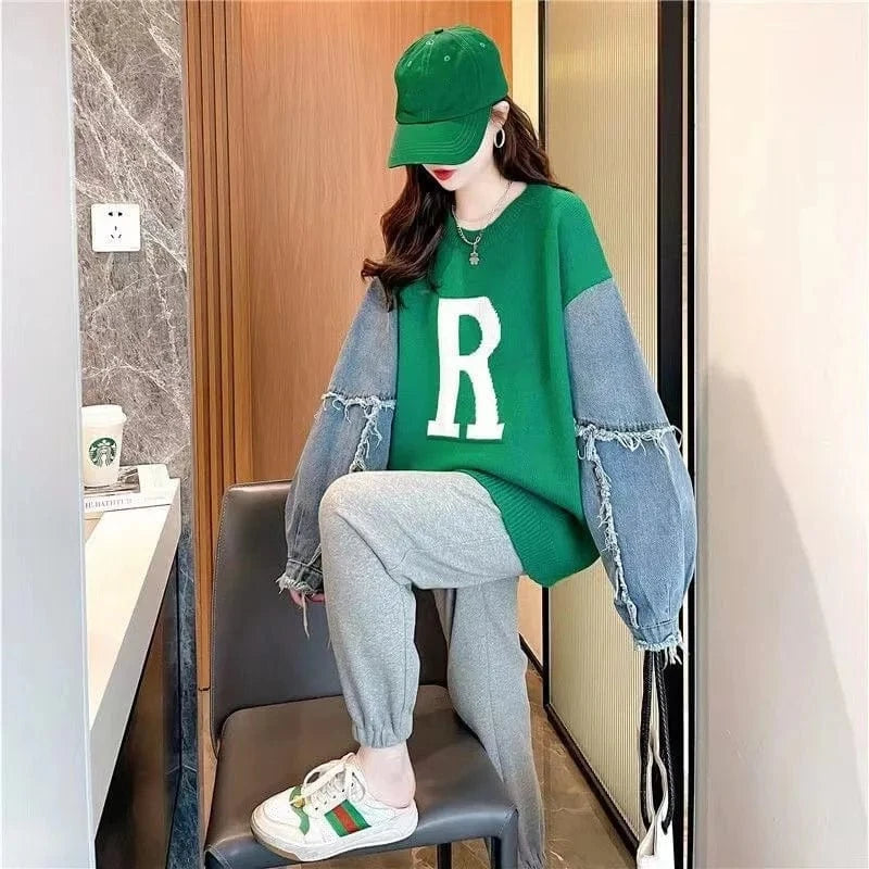 2024 Autumn/Winter best-selling high-quality girls' crew-neck loose denim sleeves English jacquard knit pullover sweater