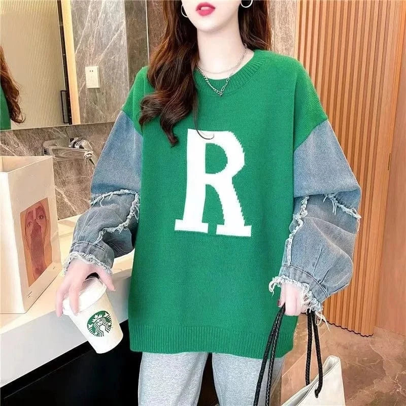 2024 Autumn/Winter best-selling high-quality girls' crew-neck loose denim sleeves English jacquard knit pullover sweater