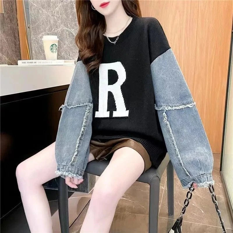 2024 Autumn/Winter best-selling high-quality girls' crew-neck loose denim sleeves English jacquard knit pullover sweater