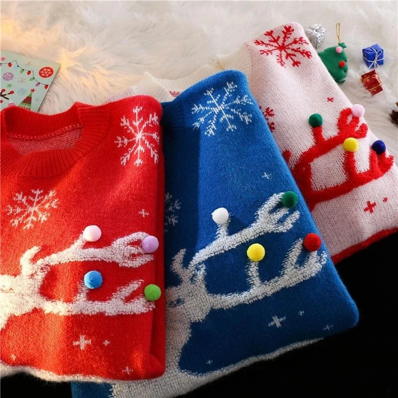 2024 Autumn winter Christmas cartoon Moose sweater women's Korean version of loose and thick round neck wear sweater top