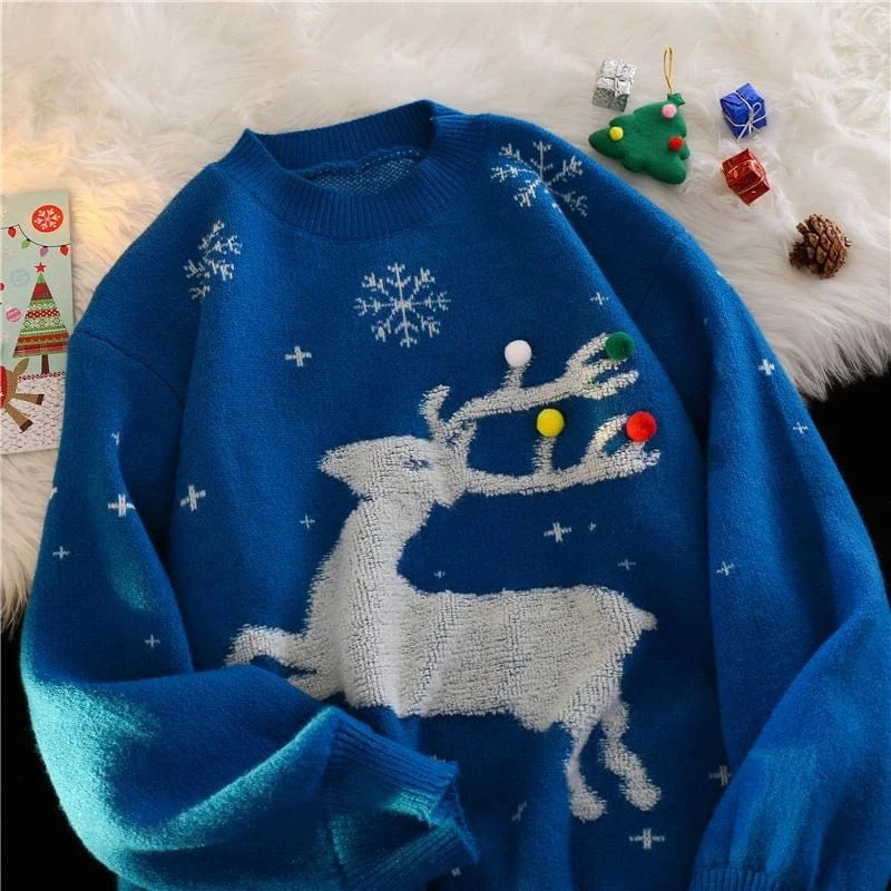 2024 Autumn winter Christmas cartoon Moose sweater women's Korean version of loose and thick round neck wear sweater top