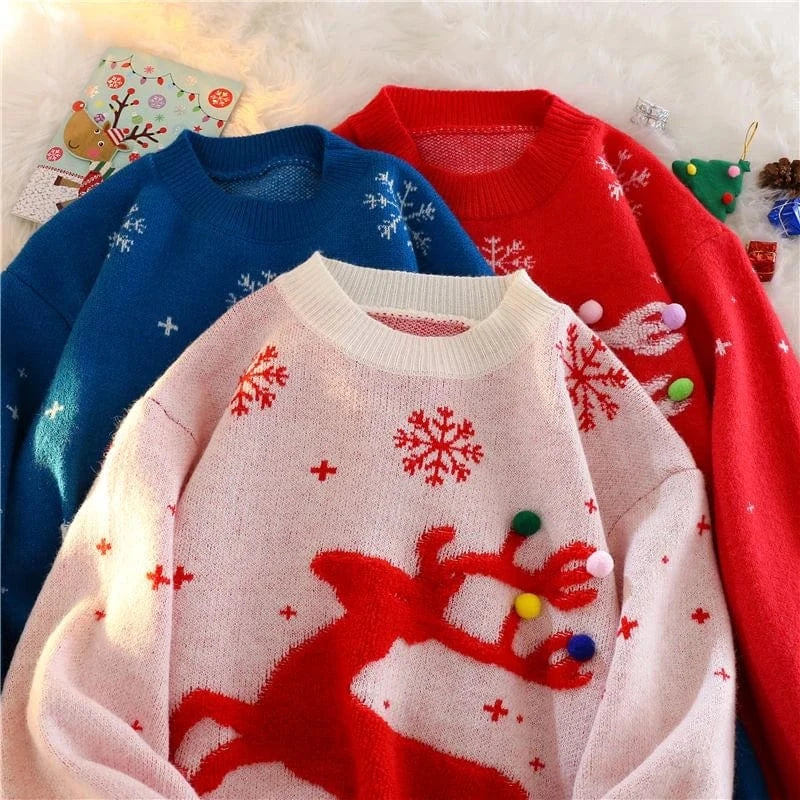 2024 Autumn winter Christmas cartoon Moose sweater women's Korean version of loose and thick round neck wear sweater top