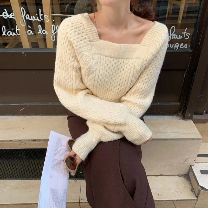 2024 Autumn/Winter fashion women's high-quality solid color square collar long sleeve solid color knitted short pullover sweater