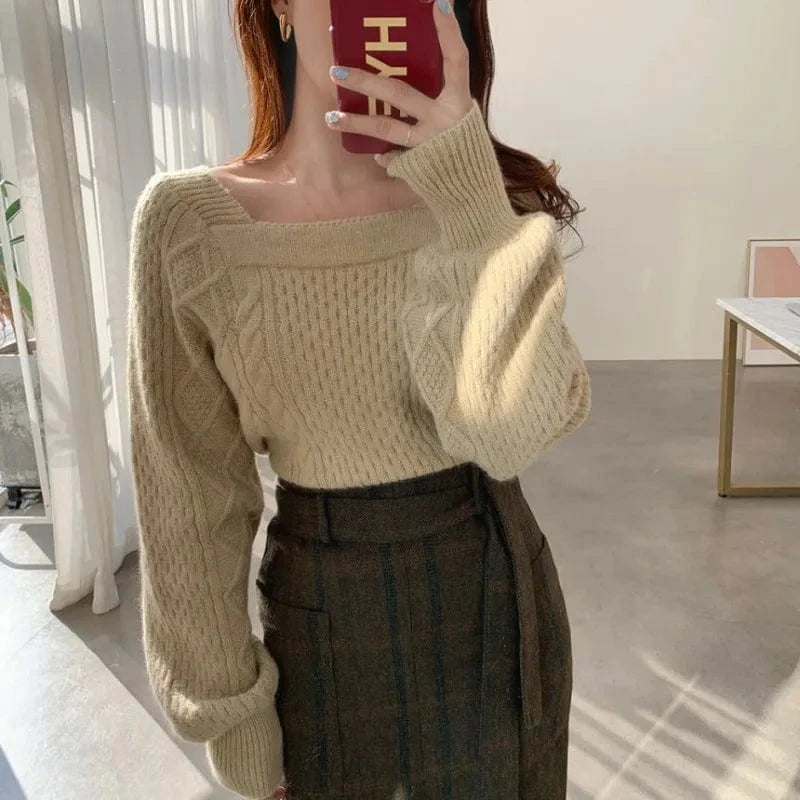 2024 Autumn/Winter fashion women's high-quality solid color square collar long sleeve solid color knitted short pullover sweater