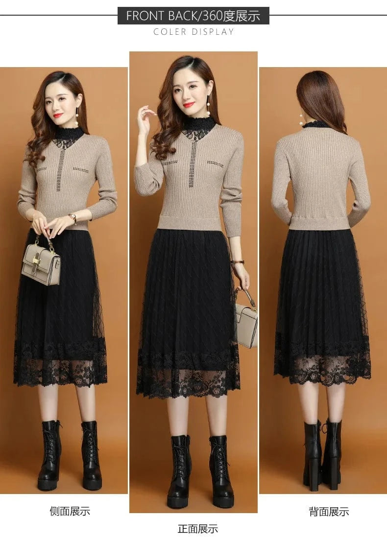 2024 autumn winter new arrival fashion lady mock collar high wast women lace sweater dress