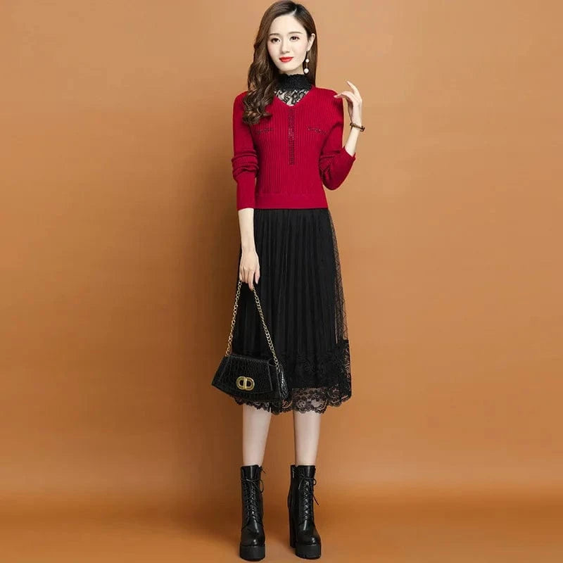 2024 autumn winter new arrival fashion lady mock collar high wast women lace sweater dress