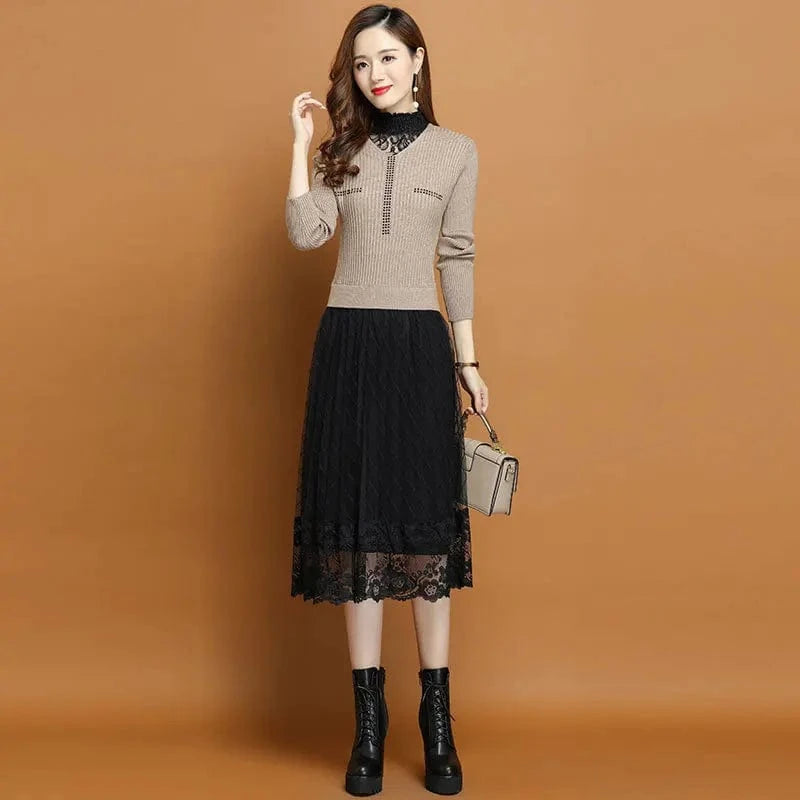 2024 autumn winter new arrival fashion lady mock collar high wast women lace sweater dress