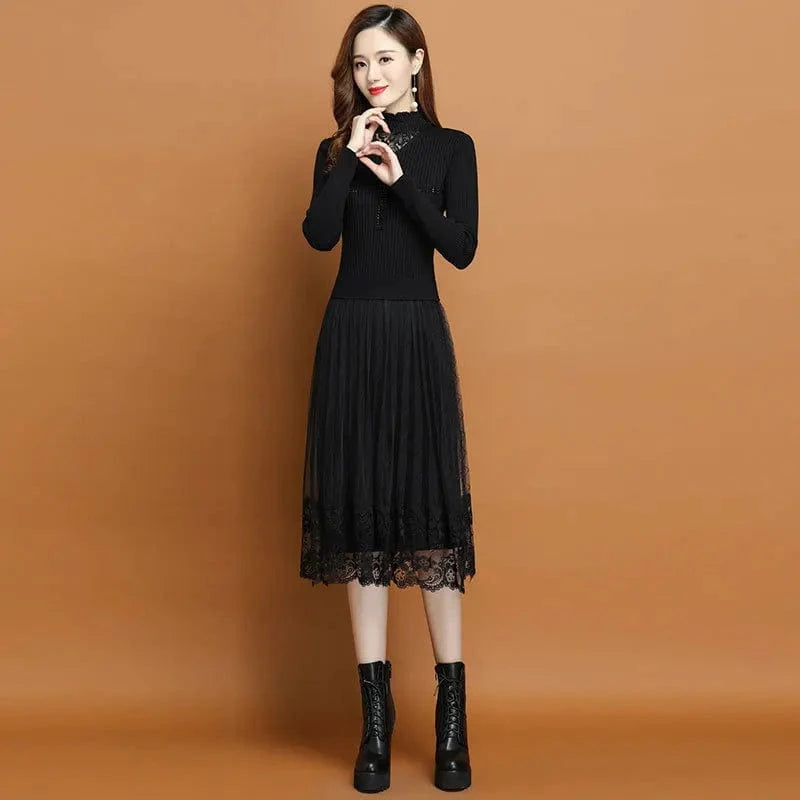 2024 autumn winter new arrival fashion lady mock collar high wast women lace sweater dress