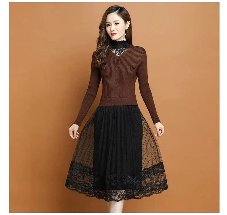 2024 autumn winter new arrival fashion lady mock collar high wast women lace sweater dress