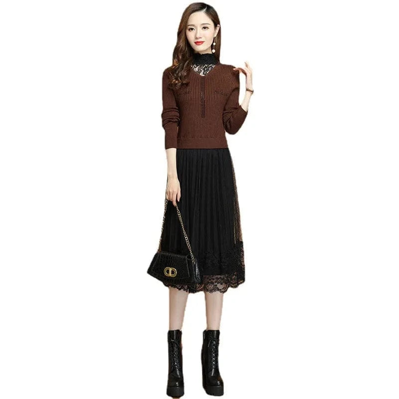 2024 autumn winter new arrival fashion lady mock collar high wast women lace sweater dress