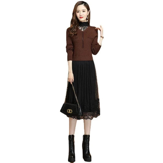 2024 autumn winter new arrival fashion lady mock collar high wast women lace sweater dress